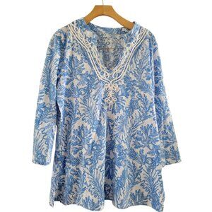 Lilly Pulitzer Kaia Blue V Neck tunic blouse size Large Beachy Vacation Resort